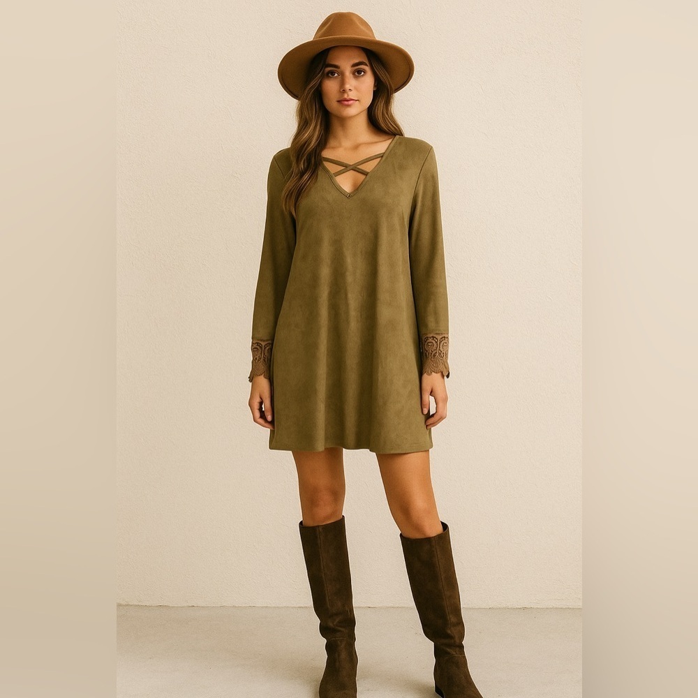 Faux Suede Tunic Dress Pockets Lace Cuff Detail Olive Green Boho Chic V neck Sm